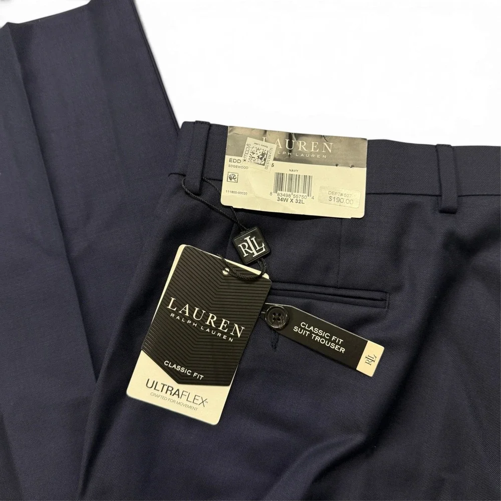Lauren Ralph Lauren Men Edgewood Ultraflex Wool Suit Pants Navy Blue 34 x 32 NWT